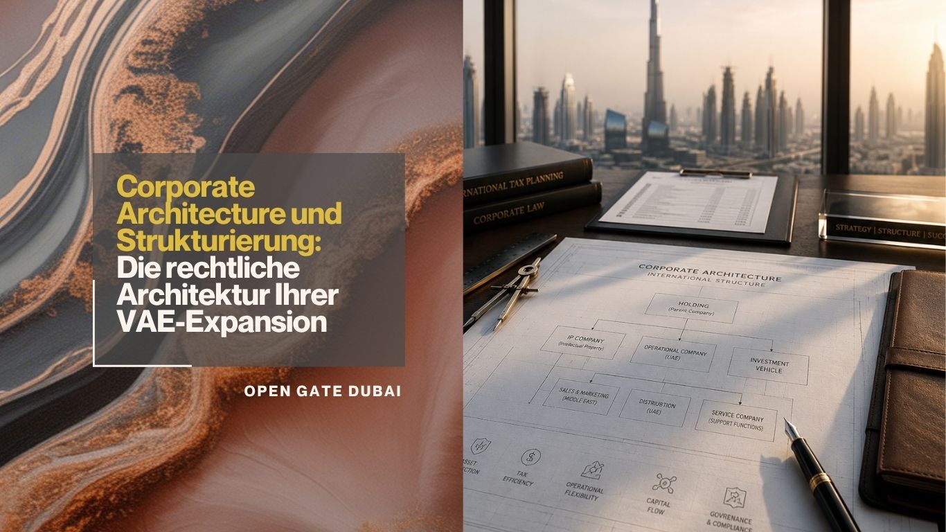 Blog-Titelbild mit Text: Corporate Architecture und Strukturierung und Bild das ein Bürotisch mit Notizen über Unternehmenstruktur zeigt.
