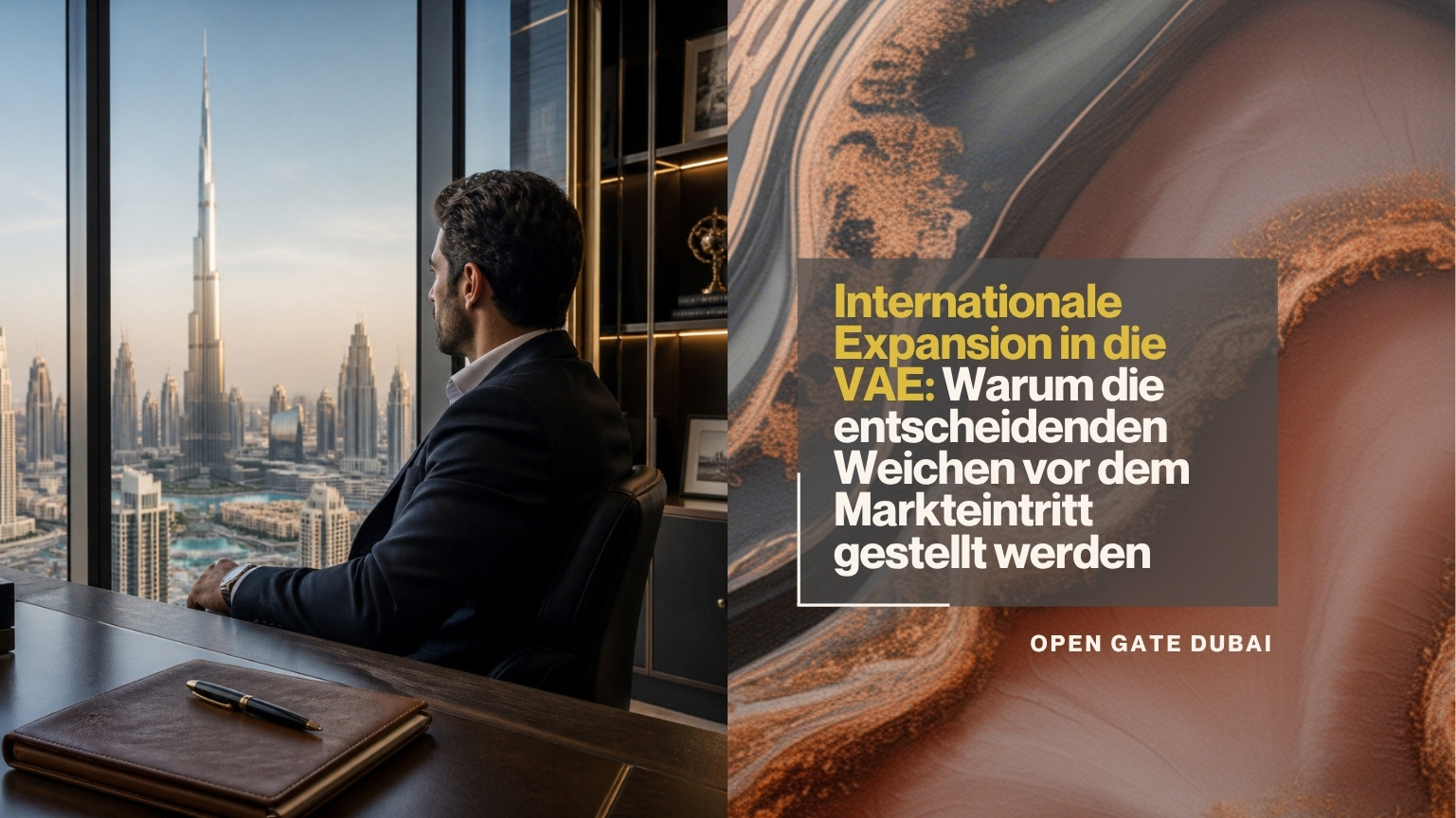 Internationale Expansion in die VAE- Titelbild mit Geschäftsmann der aus seinem Büro auf den Burj Khalifa in Dubai blickt