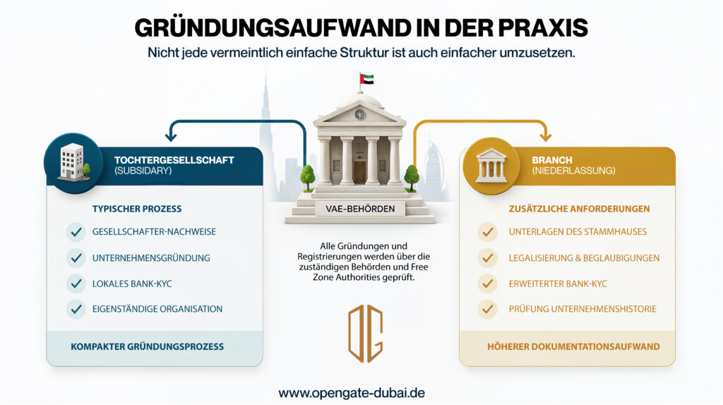 Infografik zum administrativen Aufwand bei der Gründung einer Tochtergesellschaft oder Niederlassung in den Vereinigten Arabischen Emiraten. Im Mittelpunkt steht eine stilisierte Behörde, von der zwei Prozesswege ausgehen. Links werden die typischen Schritte einer Tochtergesellschaft dargestellt, darunter Gesellschafter-Nachweise, Unternehmensgründung, lokales Bank-KYC und eigenständige Organisation. Rechts zeigt die Grafik die zusätzlichen Anforderungen einer Niederlassung, darunter Unterlagen des Stammhauses, Legalisierungen, erweiterte Bankprüfungen und die Prüfung der Unternehmenshistorie. Die Grafik verdeutlicht, dass der tatsächliche Gründungsaufwand nicht allein von der Rechtsform abhängt, sondern von der Funktion des neuen Standorts innerhalb der Unternehmensgruppe.