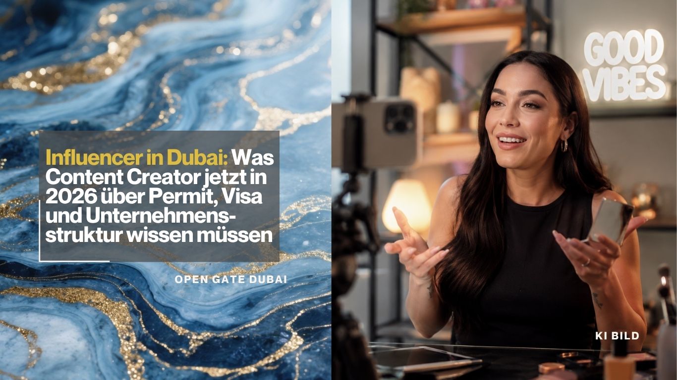 Content Creatorin filmt sich mit dem Smartphone in einem modernen Studio. Titelbild zum Thema Influencer in Dubai, Advertiser Permit, Visa und Unternehmensstruktur