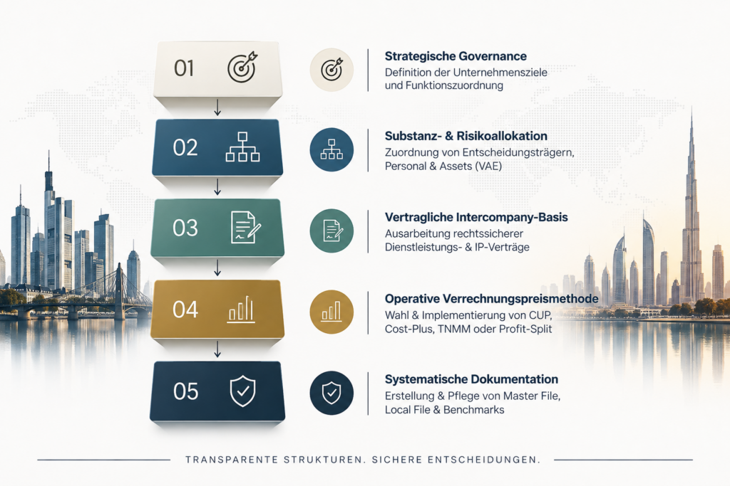 Infografik mit fünf aufeinander aufbauenden Ebenen einer internationalen Unternehmensstruktur zwischen Deutschland und den VAE: Strategische Governance, Substanz- und Risikoallokation, Intercompany-Verträge, Verrechnungspreismethode und systematische Dokumentation. Im Hintergrund sind die Skylines von Frankfurt und Dubai dargestellt.