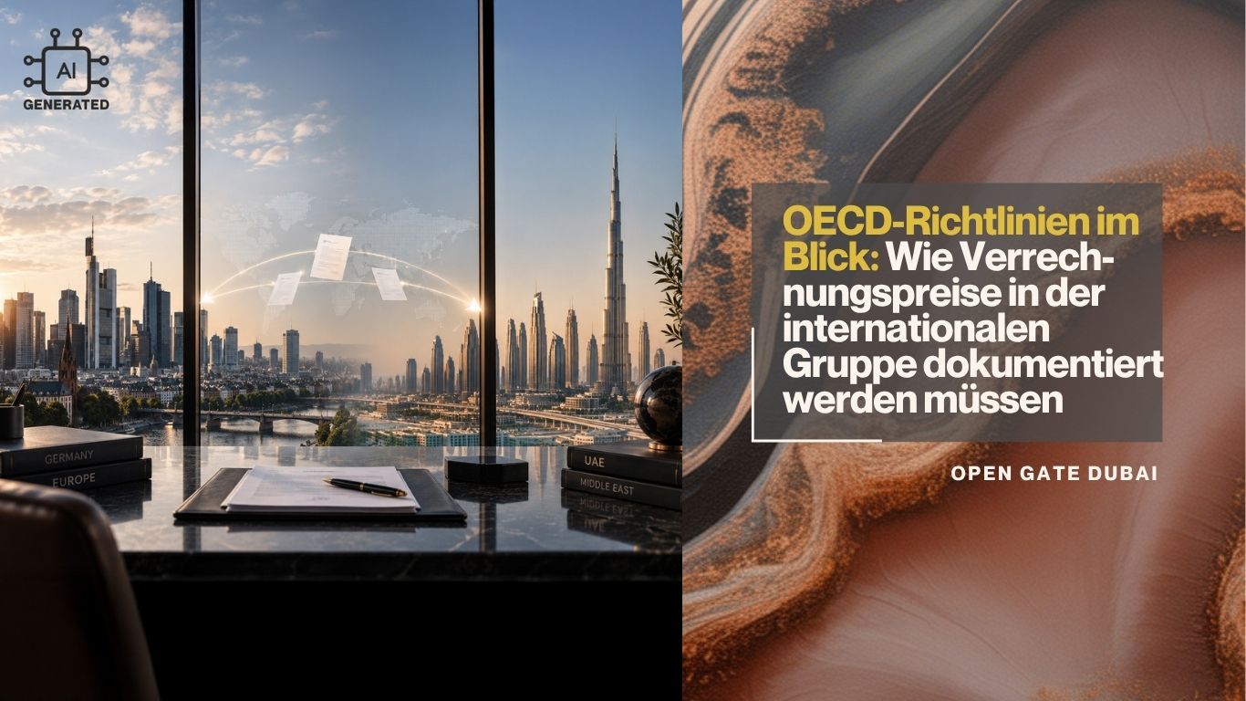 Titelbild des Blogs mit Titel: OECD-Richtlinien im Blick: Wie Verrechnungspreise in der internationalen Gruppe dokumentiert werden müssen. Zeigt den Titel und ein Bild von Dubai auf der rechten und Frankfurt Skyline auf der linken Seite.